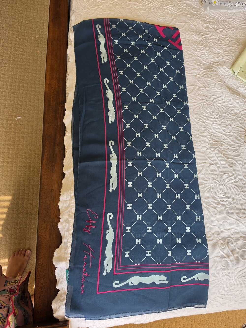Effy Navy Blue Scarf with Pink Trim and White Motif